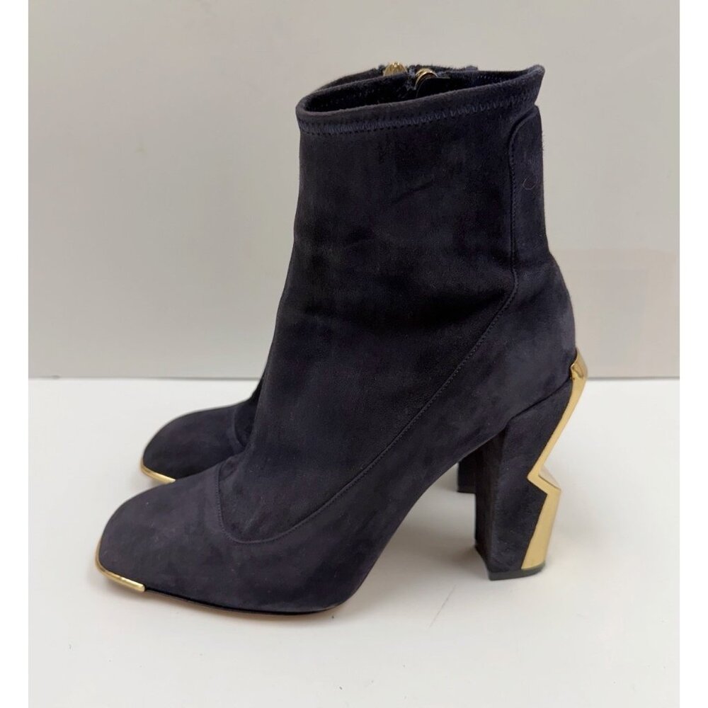 Francesco Sacco Dark Blue Suede Boots Gold Lightning Heeled Booties Boots Sz 38